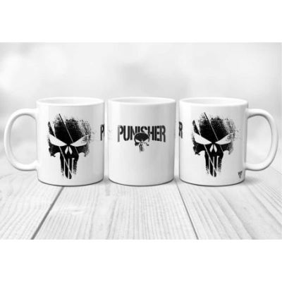 mug blanc avec l'inscription "Punisher" et son logo