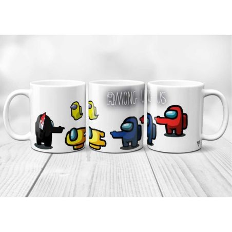 mug en céramique avec l'inscription "Among Us" et ses personnages